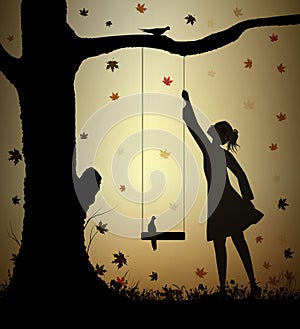 Girl and swing silhouette and falling autumn leaves, childhood memories in summer day, Autumn swing,