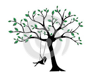 Girl on swing on tree, vector. Wall decals isolated on white background