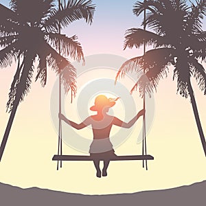 Girl on a swing on tropical palm tree summer holiday background