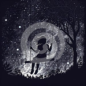 Girl on Swing under Starry Sky, Made with Generative AI