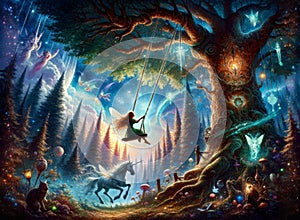 Girl Swinging in Enchanted Forest with Magical Creatures