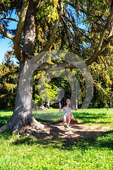 Dievča hojdať sa na hojdačke na strome v letnej krajine