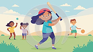 A girl swings a bat with determination her friends cheering her on from the sidelines during a friendly game of kickball photo