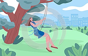 Girl on swings in city park. Serene nature rest, outdoor summer activity. Young adult woman on swing on tree, carefree