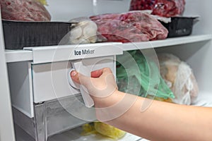 The girl switches the freezer icemaker to serve ice cubes photo