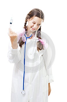 Girl with syringe afraid to make injection