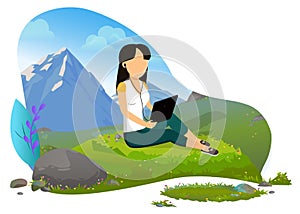 Girl with Tablet Computer in Mountains Vector