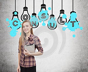 Girl with tablet and consult light bulbs