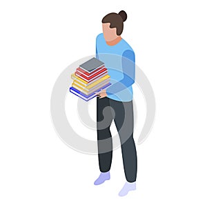 Girl take library book stack icon, isometric style