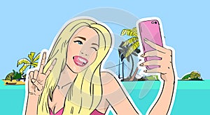 Girl Take Selfie Photo Beach Cell Smart Phone Tropical Island Summer Vacation