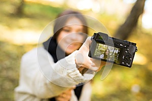 Girl take selfie photo with camera