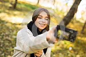 Girl take selfie photo with camera