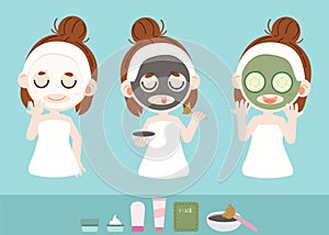 The girl takecare her face by facial mask. she use white mask black mask and green mask.The black color make form charcoal. The