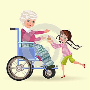 Girl takes care of grandmother, granddaughter bears senior gray-haired woman sitting in wheelchair cake for dinner