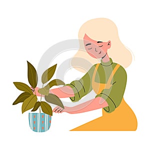 Girl takes care of a potted houseplant. Urban gardening. Vector illustration.