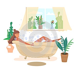 Girl takes a relaxing bath at home and drinks wine cartoon flat vector illustration.