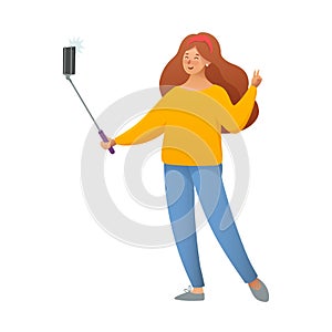 A girl takes a selfie. Cool happy girl making selfie photo with Smartphone. Vector illustration