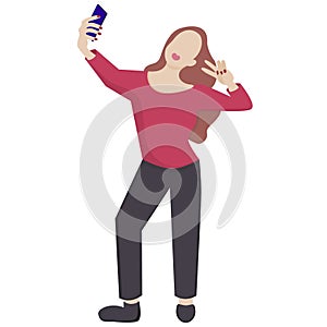 A girl takes a selfie on a smartphone isolated on a white background. Vector illustration in flat cartoon style. Lips in the shape