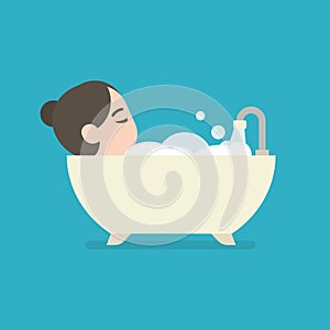 Girl taking a Bath in a Bathtub, cute character, vector illustration.