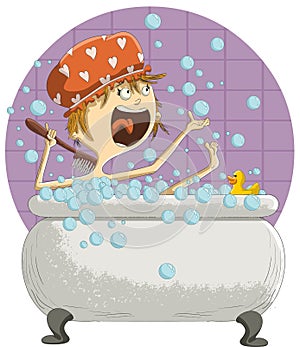 Girl taking bath in bathtub full of bubbles.
