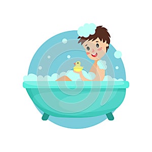 Girl taking bath in foam and soap, woman caring for herself, healthy lifestyle vector Illustration