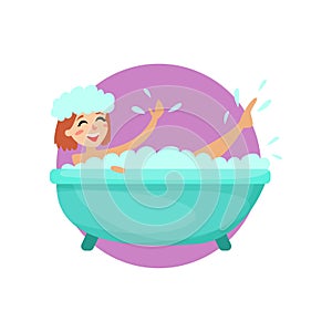 Girl taking a bubble bath in a vintage bathtub, woman caring for herself, healthy lifestyle vector Illustration