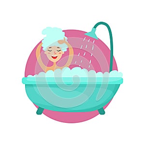 Girl taking a bubble bath and washing her hair, woman caring for herself, healthy lifestyle vector Illustration