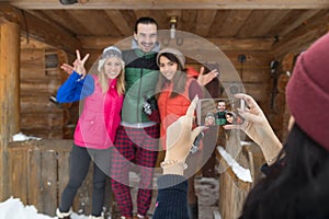 Girl Taking Photo On Smart Phone People Group Wooden Country Mountain House Winter Snow Resort