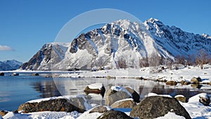 Girl taking a photo of sunny winter fjord at Lofoten archipelago
