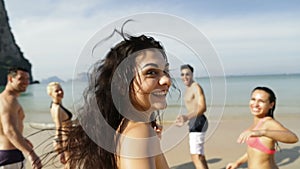 Girl Taking Selfie Of Cheerful People Running In Water On Beach, Happy Young Man And Woman Group Having Fun