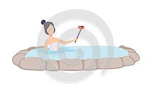 Girl taking selfie while enjoying outdoor thermal spring, young woman relaxing in hot water in bath tub vector