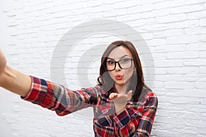 Girl Taking Selfie Photo Blowing Kiss Lips Smart Phone Camera