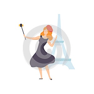 Girl Taking Selfie Photo on Smartphone on Backdrop of Eiffel Tower, Female Tourist Making Photo or Video for Social