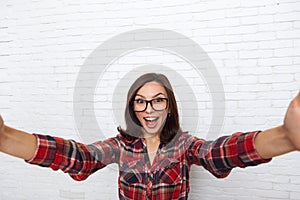 Girl Taking Selfie Smart Phone Photo Camera Excited