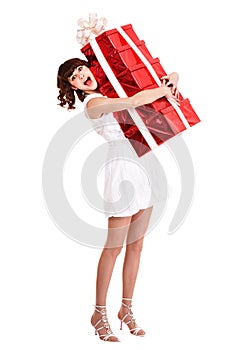 Girl taking stack of gift box.