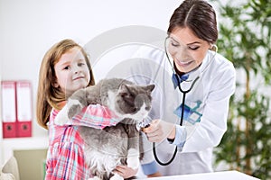 Girl takingt pet cat to vet for examination