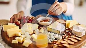 Girl Taste French Cheeseboard with Brie, Parmesan and Mozzarella Assorted. Blue Cheddar, Gouda and Walnut Various Dessert Platter
