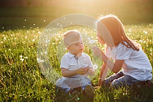 The girl teaches her brother to blow off the dandelion.