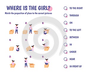 Girl teaches prepositions. Child place on cardboard box direction, preschool english grammar vocabulary cartoon activity