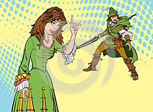 Girl teaching a man. Teaching princess. Lady in medieval dress. Medieval legend. Medieval woman. Robin Hood.