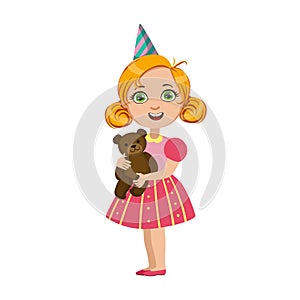 Girl With Teddy Bear, Part Of Kids At The Birthday Party Set Of Cute Cartoon Characters With Celebration Attributes