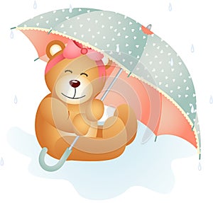 Girl teddy bear under umbrella on a rainy day