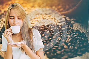 Girl teen drinking coffee montage with coffee bean cafe