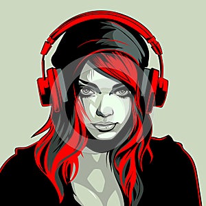 Girl teenager music lover. Cartoon young attractive woman listening to music with headphones, vector