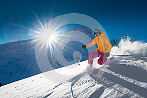 Girl telemark skiing snow slope photo