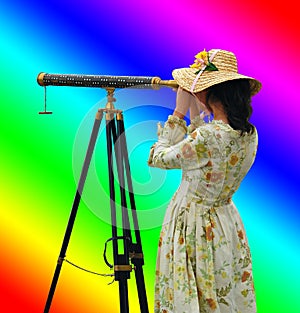 Girl with Telescope and Rainbow Colors