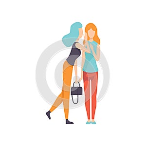 Girl Telling Secret, Two Beautiful Women Friends, Female Friendship Vector Illustration