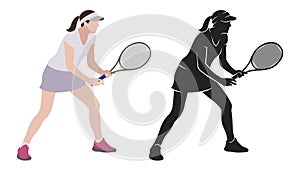 A girl tennis player holds a racket in her hands. Playing tennis. Sport girls. Black Silhouette.