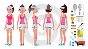 Girl Tennis Player Vector. Sport Uniform. Players Playing With Tennis Racket. In Action. Isolated Flat Cartoon Character