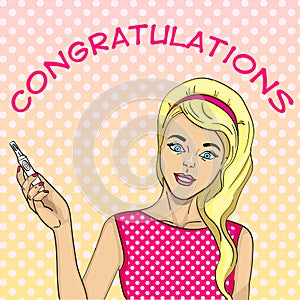 Girl with a test for pregnancy. Postcard, surprise, congratulation, announcement, text and news. Comic Style Pop Art